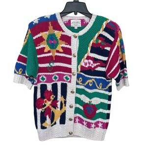 VTG 1991 Susan Bristol Nautical Button Up Sweater Short Sleeve Cardigan Sz Small